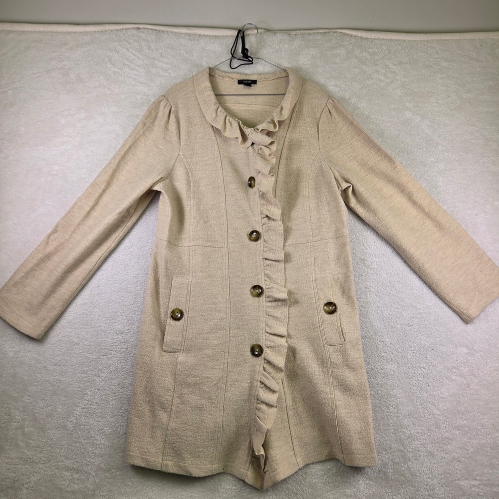 Alfani Womens Beige 100% Merino Wool Ruffle Trim Longline Cardigan Sweater Large